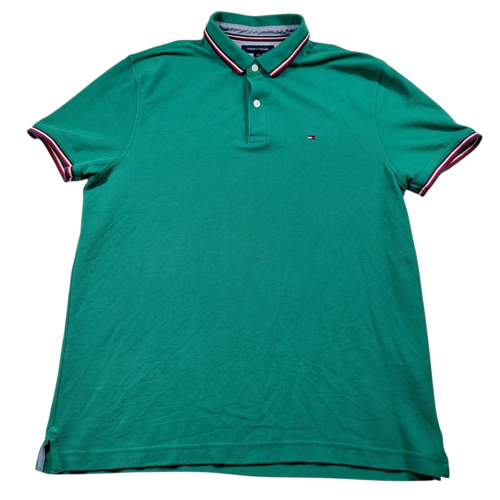 Tommy Hilfiger Mens Green Pique‎ Polo Shirt Short Sleeve Striped Trim Size L
